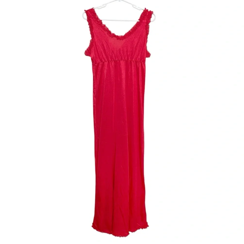 Vintage 70s Red Maxi Slip Dress Nightgown Ruffle Lace Empire Waist Dainty M - Picture 2 of 5